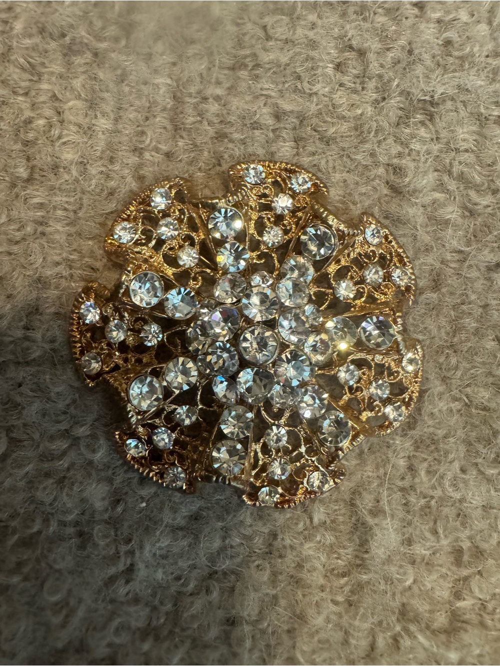 Gold Crystal Floral Brooch - Sparkling Gold Tone Flower Pin